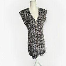 LOFT Dress Womens Sz 6 Black White Linen Blend Floral A-Line Midi V-Neck Peasant