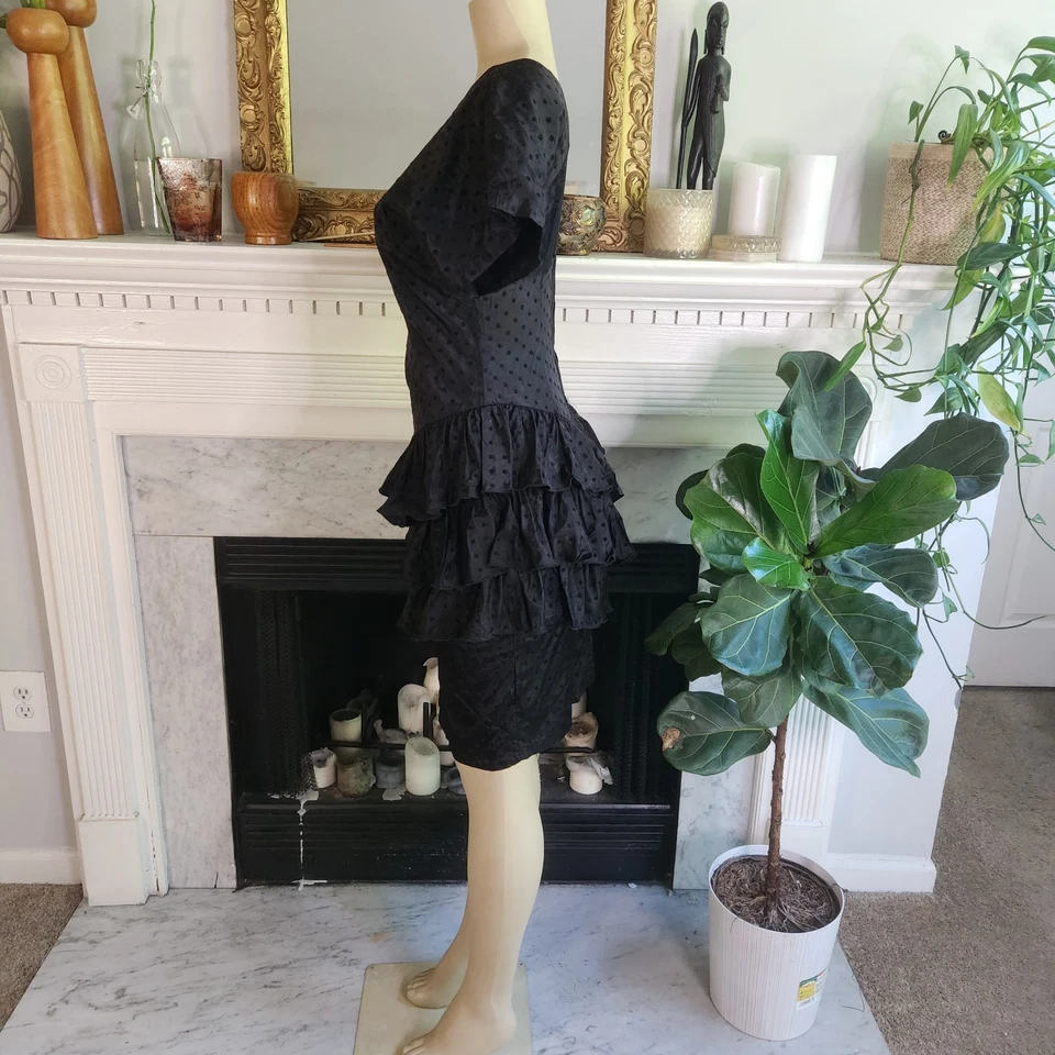 Vintage 80s Black Flocked Dress Sz 5 Polka Dot Ruffle Cocktail Vampy Goth - Image 4 of 4