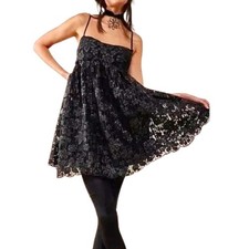Free People NWT Black All That Glitters Mini Babydoll Party Dress Floral Small