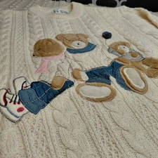 VTG Together Sweater Womens S Cream Embroidered Teddy Bear Wool Cable Knit 90s