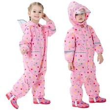 Boys Girls Rainsuit Waterproof Coverall Cartoon Rain Suit Piece Rain Coat Pin...
