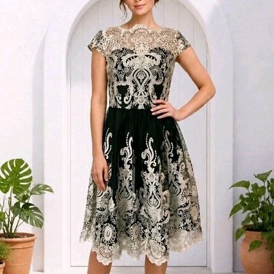 Chi Chi London schwarz gold Spitze Midikleid Abschlussball Hochzeit Party UK14 19,5'' PTP