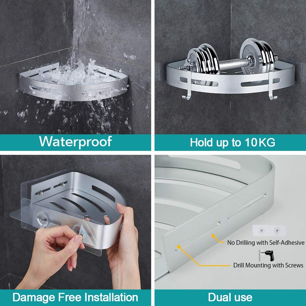Corner Caddy Bathroom Shower Shelf Wall Mounted No Drilling 2 Tier Storage Sh...