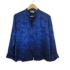Chico s Design 100 Silk Blue Embroidered Zip Jacket Mandarin Collar Size 3