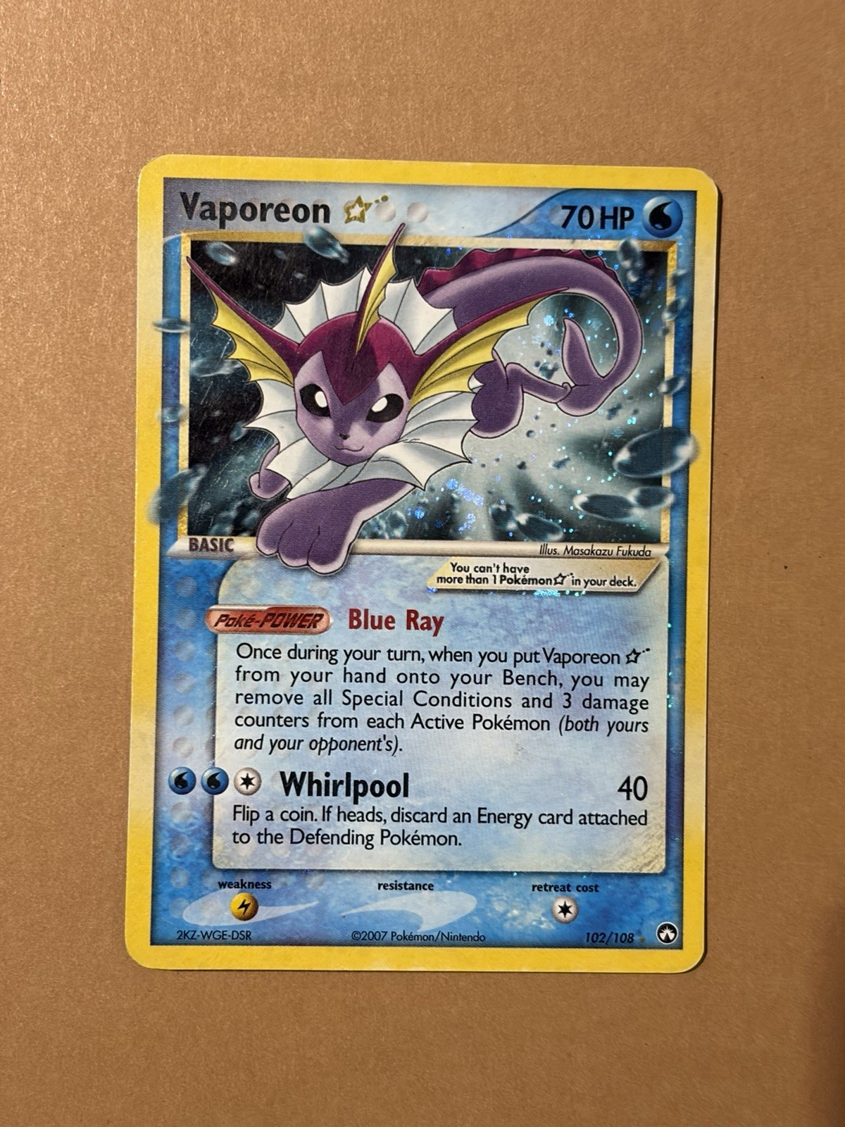 Vaporeon Gold Star Holo Pokemon Card 102/108 2007 EX Power Keepers MP Ultra Rare