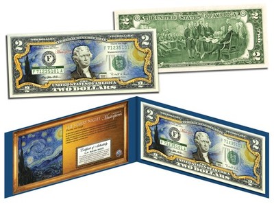 STARRY NIGHT by Vincent van Gogh Genuine Legal Tender Colorized U.S. $2 Bill