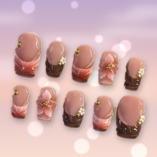 Pink Brown 3D Flower Press On Nails Gold Rhinestone Glossy Floral Nail Art Set
