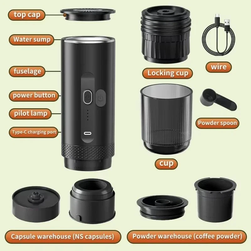 Portable Wireless Espresso Coffee Maker 2-in-1 Capsule & Powder Travel