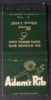 Vintage Matchbook Cover Adams Rib Santa Monica CA