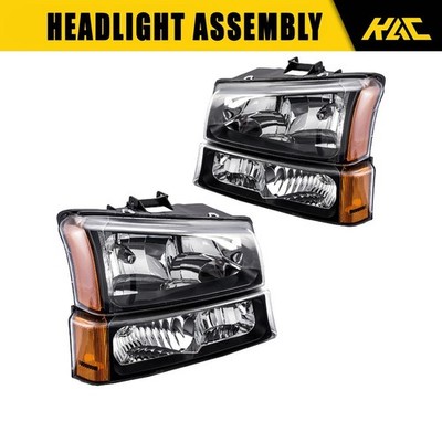 Pair Halogen Headlight Assembly For 03-06 Chevrolet Silverado Black Housing