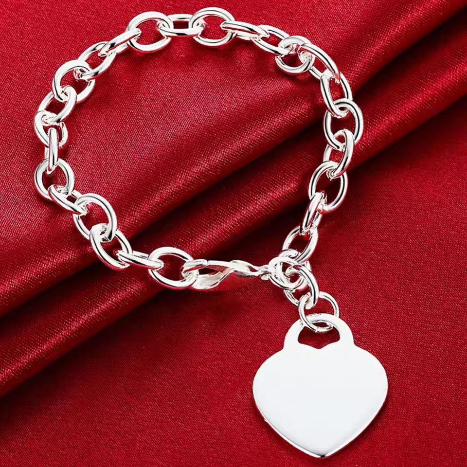 Women Fashion Jewelry 925 Sterling Silver Heart Pendant Thick Chain Bracelet