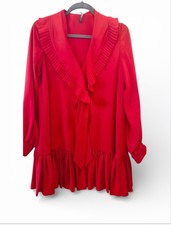 Alexander McQueen Red Silk Crepe Ruffle Tie V-Neck Long Sleeve Short Dress 40