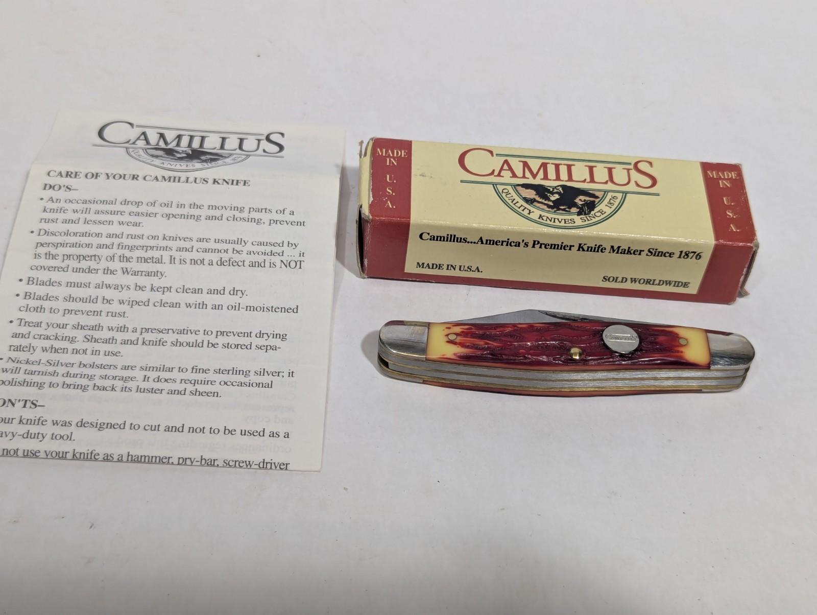 New Camillus #63 Three Blade Stockman Mfg. NY USA Red Bone Stag Handle