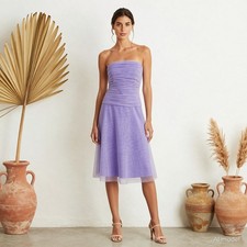 Evening Glam Midi Dress Purple Tulle A-Line Sweetheart Strapless Zip Party US 6