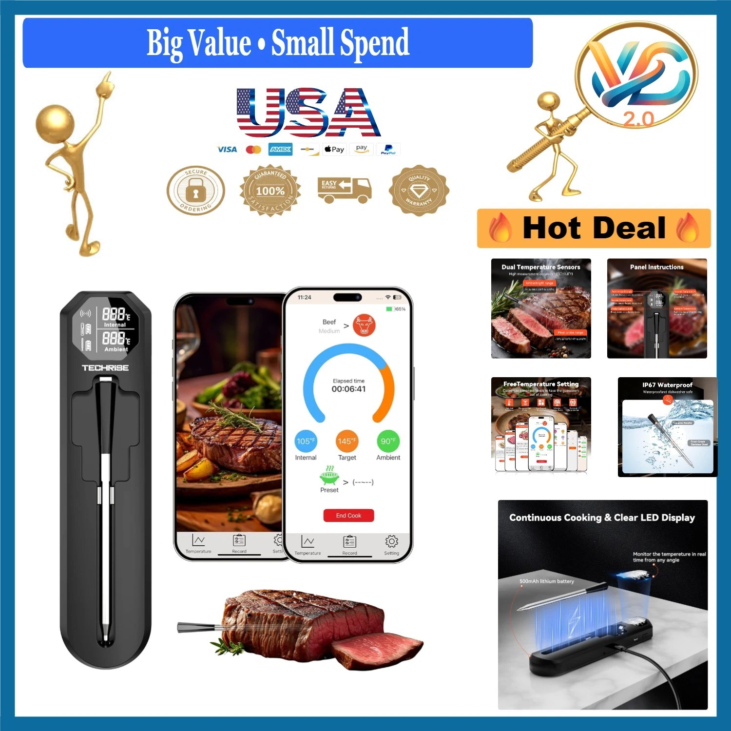 Bluetooth Wireless Meat Thermometer with APP Digital Kitchen Cooking Thermome...