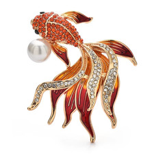 Sparkling Rhinestone Red Fish Brooch Sea Animal Pin Spring Summer Jewelry Gift