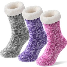 3 Pairs Slipper Socks with Grips for Women Non Slip Thick Fuzzy Socks Winter ...