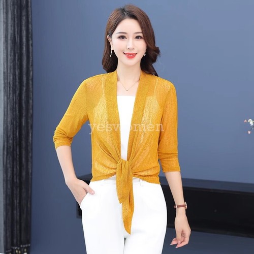 Womens Summer Tie Up Front Front Cardigan 3/4 Sleeve Short Tops Jacket - Imagen 24 de 39