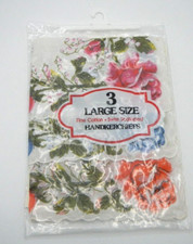 Vtg Womens Handkerchiefs Floral Set of 3 Scalloped Fine Cotton 12"x12" NEW