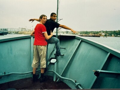Gay Interest Vintage Snapshot Photo 2000s Two Young Men Ship River B&W Original