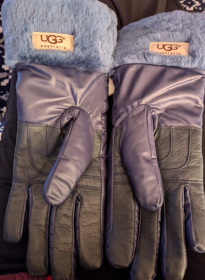 Ugg Blue Quilted Glove Leather Palm Shearling Cuff Women's LSz S/M Fleece-Lining - Image 2 of 4
