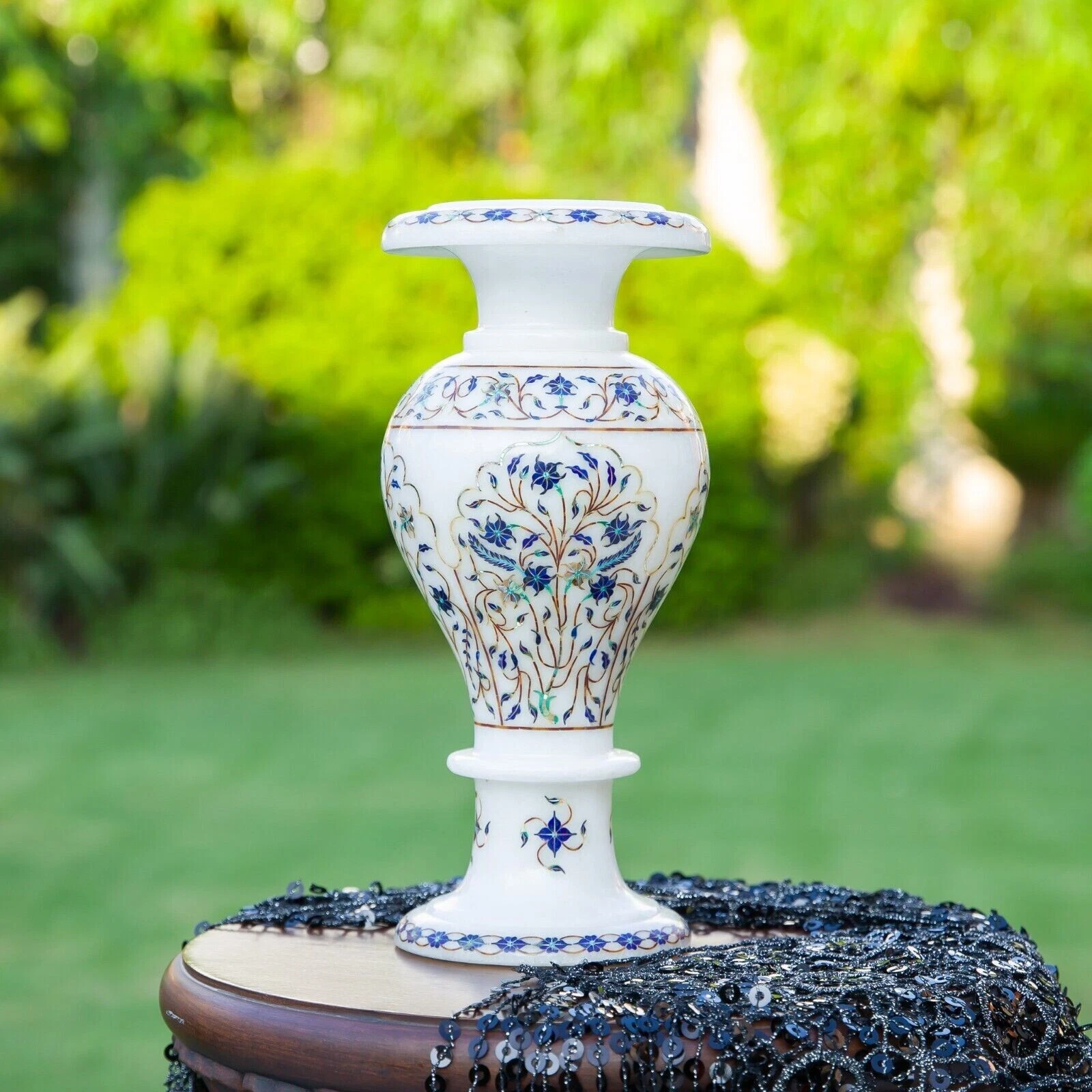 12" Marble Inlaid Flower Vase for Home Decoration Stones Handmade Work