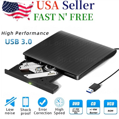 Slim External CD DVD RW Drive USB 3.0 Writer Burner Player Black Laptop PC MAC - Picture 1 of 4