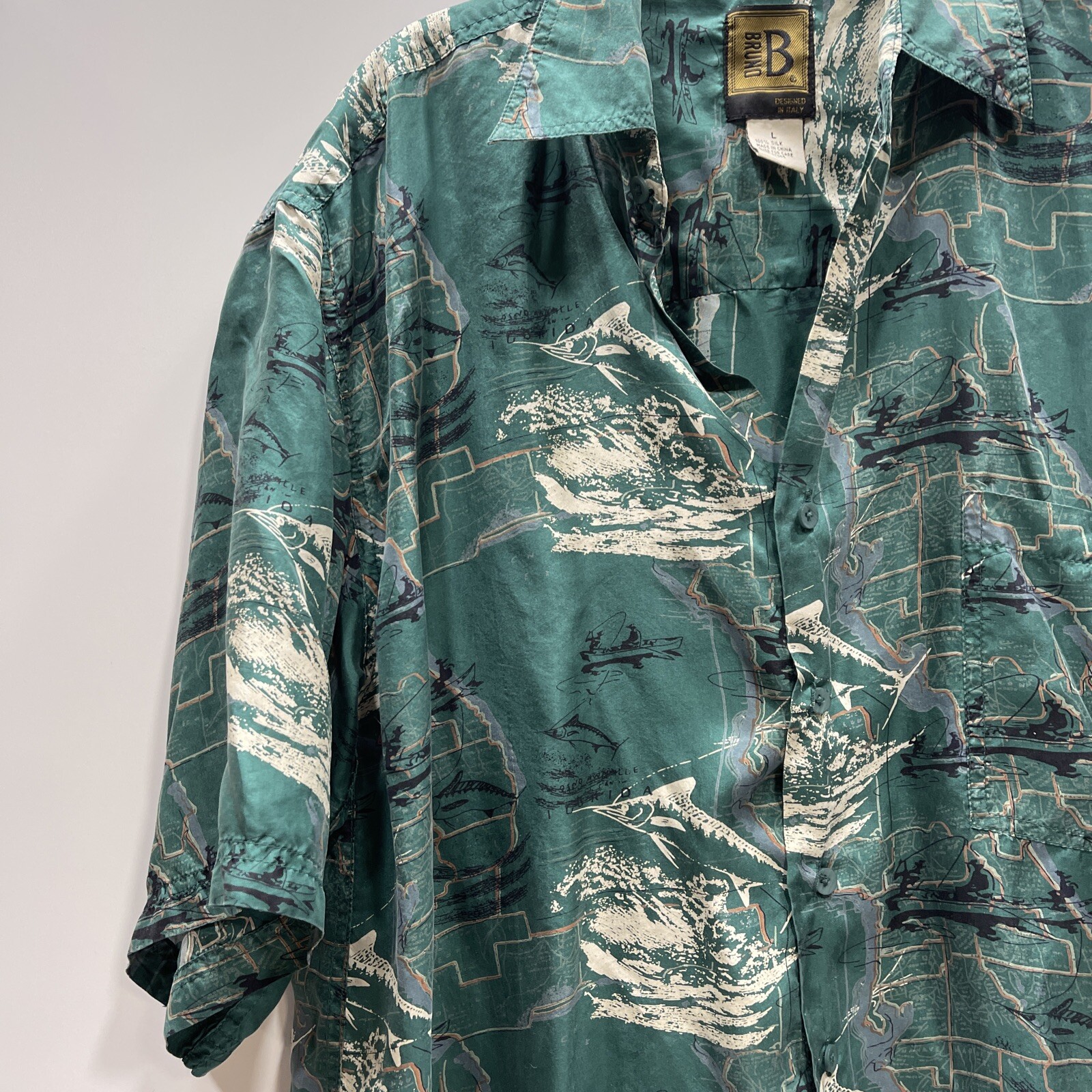 Bruno 100 Silk Swordfish Fishing Island Green SHIRT size Large Vintage eBay