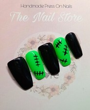 Hand Painted Halloween Black Green Frankenstein Gel False Stick On Nails
