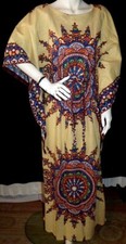 Vintage 1970s CAFTAN Indian Block Print Angel Sleeve Festival Wear OS