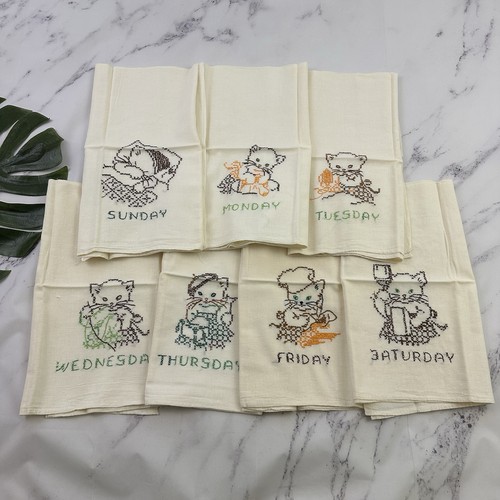 Vintage 50s Cross Stitch Embroidered Days of the Week Tea Towels Set of 7 Cats