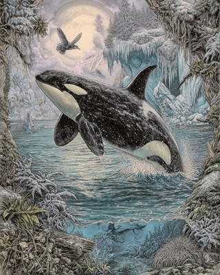 Orca Breaching from Icy Water Beneath Snowy Cliffs Print - 368548637