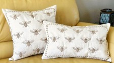 2 Sizes Off-White Beige Taupe Rustic Farmhouse Embroidered Bee Pillow Cover New