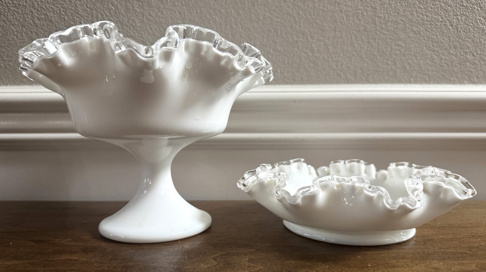Vintage Fenton Milk Glass W/ Silver Crest Clear Ruffled Edge Pedestal Dish/Bowl
