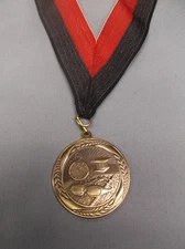 heavyweight gold swim medal 2" dia  wide red/black drape trophy