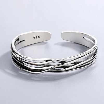 925 Sterling Silver Braided Bracelet Geometric Retro Wave Adjustable Bangle