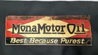1920s OLD VINTAGE MONA MOTOR OIL Tin Embossed GAS SIGN BEST BECAUSE PUREST RARE