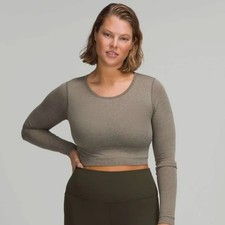 LULULEMON Women's NWOT Ebb to Street olive green rover crop long-sleeve top - 8
