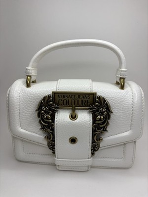 Versace Jeans Couture Crossbody White Leather Bag with Gold Hardware and Chain