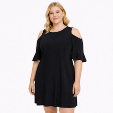 TOMMY HILFIGER Size 4 Black Stretch Knit Cold Shoulder Ruffled Cocktail Dress