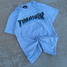 CRAZY Y2K THRASHER Blue Spell-out Graphic Skater Street Blue tee Womens Small