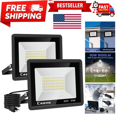 2 Pack 60W Plug in LED Flood Light Outdoor, 6000lm Super Bright Floodlight wi...