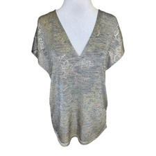 White House Black Market Womens Grey Gold Floral Foil V-Neck Dolman Top Small