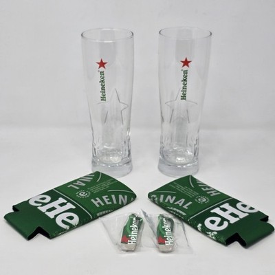 Heineken Logo Pilsner Beer Glasses Set 2 W Koozies & Bottle Opener Keychains