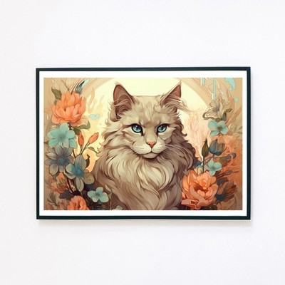 Stoffpuppe Katze Blumen Grafik Illustration A4 Botanische Wohndeko Wandkunstdruck 