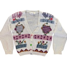 Vintage 90s Grandmacore Grandma Cardigan Embroidered Cottage Core Flower Quirky