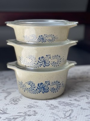 Vintage Set Pyrex Homestead Blue Cinderella Casserole Bowls #471 472 473 w Lids
