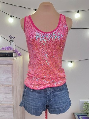 Y2K Charlotte Russe Sz S Hot Pink Orange Sequin Racerback Tank Top Sparkle Party