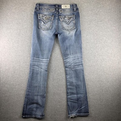 Miss Me Jeans Womens 28 Bootcut Blue Embroidered Distressed Mid Rise Paisley