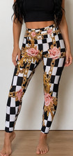 Damen Leggings kariert Blumen-Print Stretch E...